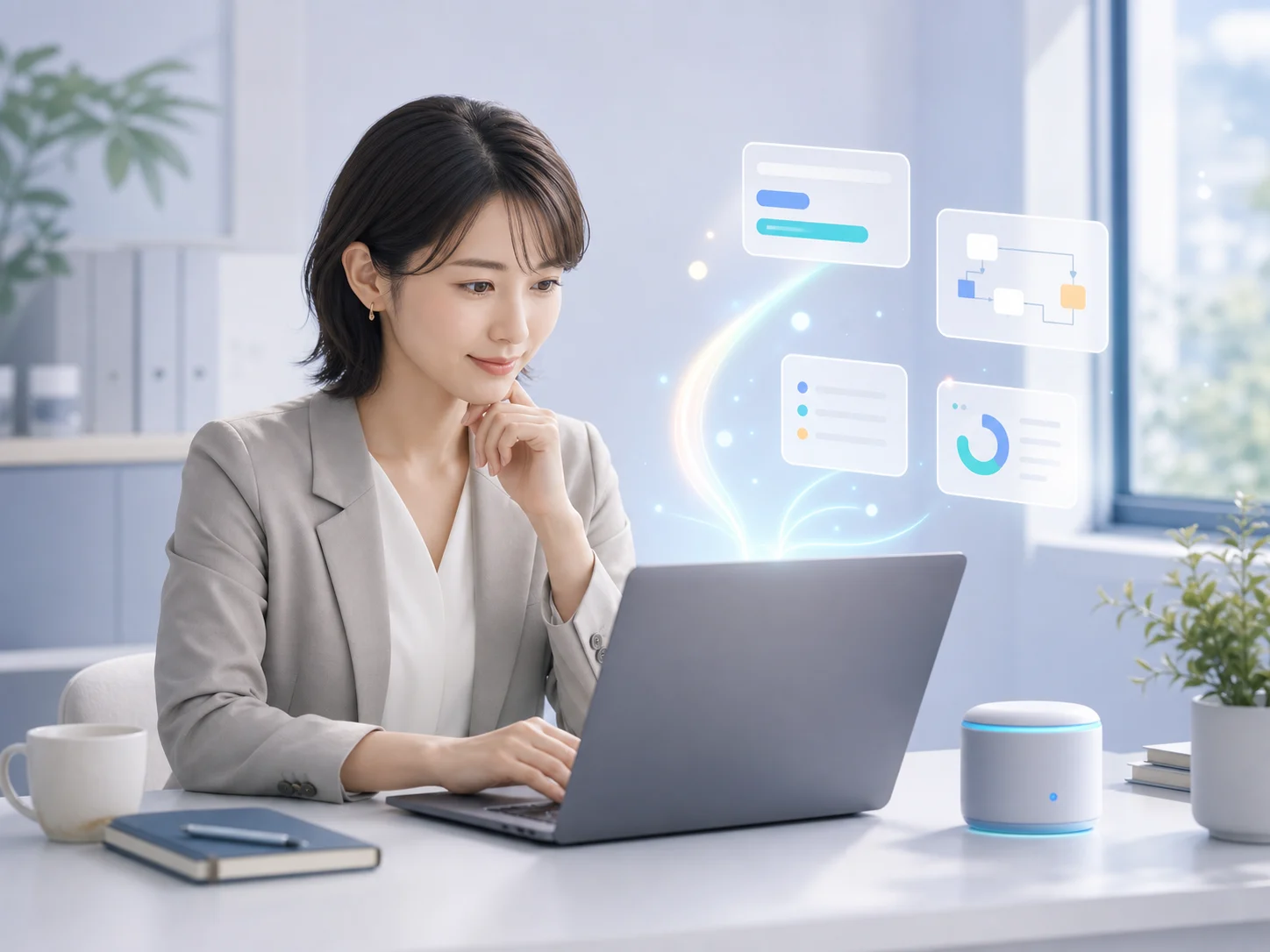 ノートパソコンでAI活用を学ぶオフィスワーカー
